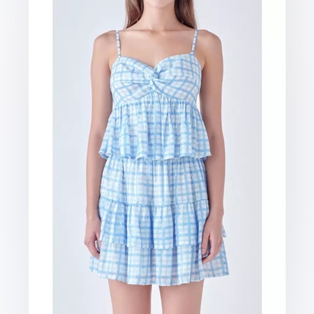 English Factory | Sleeveless Sequin Twist Front Plaid Flounce Tank